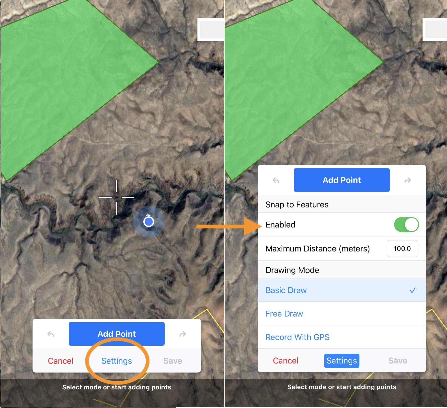 A split image showing the drawing screen in Touch GIS. On the left the Settings button is circled, and on the right there is an arrow pointing to the Enabled setting for Snap To Features.
